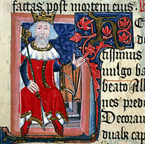 King Henry III of England (around 1350-1400?).A page of illustrated Latin text showing King Henry III holding out his arm on which he carries a garment.Illuminated letter "H" with red ivy. From the Chronicle of St.Albans by Thomas Walsingham. Cott.Nero.D.VII.fol.6